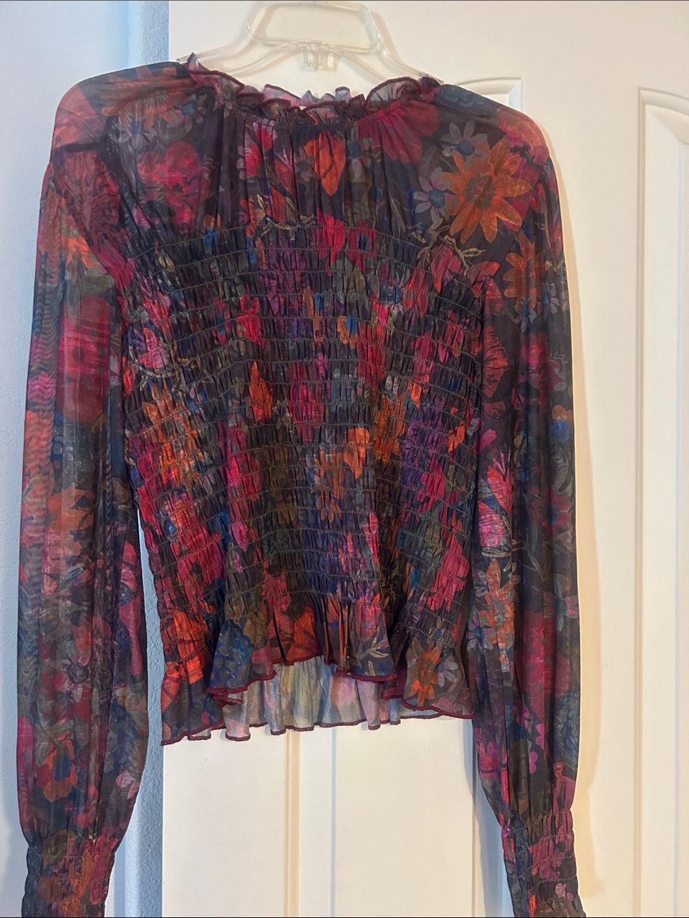 NATURAL LIFE Sheer Floral Smocked Blouse - Black Multi
